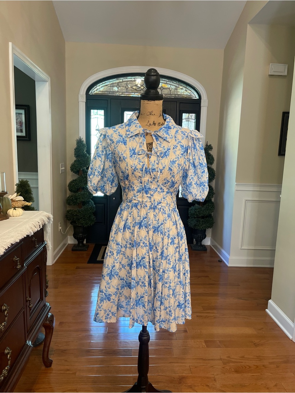 Flying Tomato Cottagecore Blue White Floral Vintage Puff Sleeve Dress M